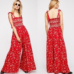 Free People Color My World Jumpsuit Red Floral Print Small Tie Shoulders